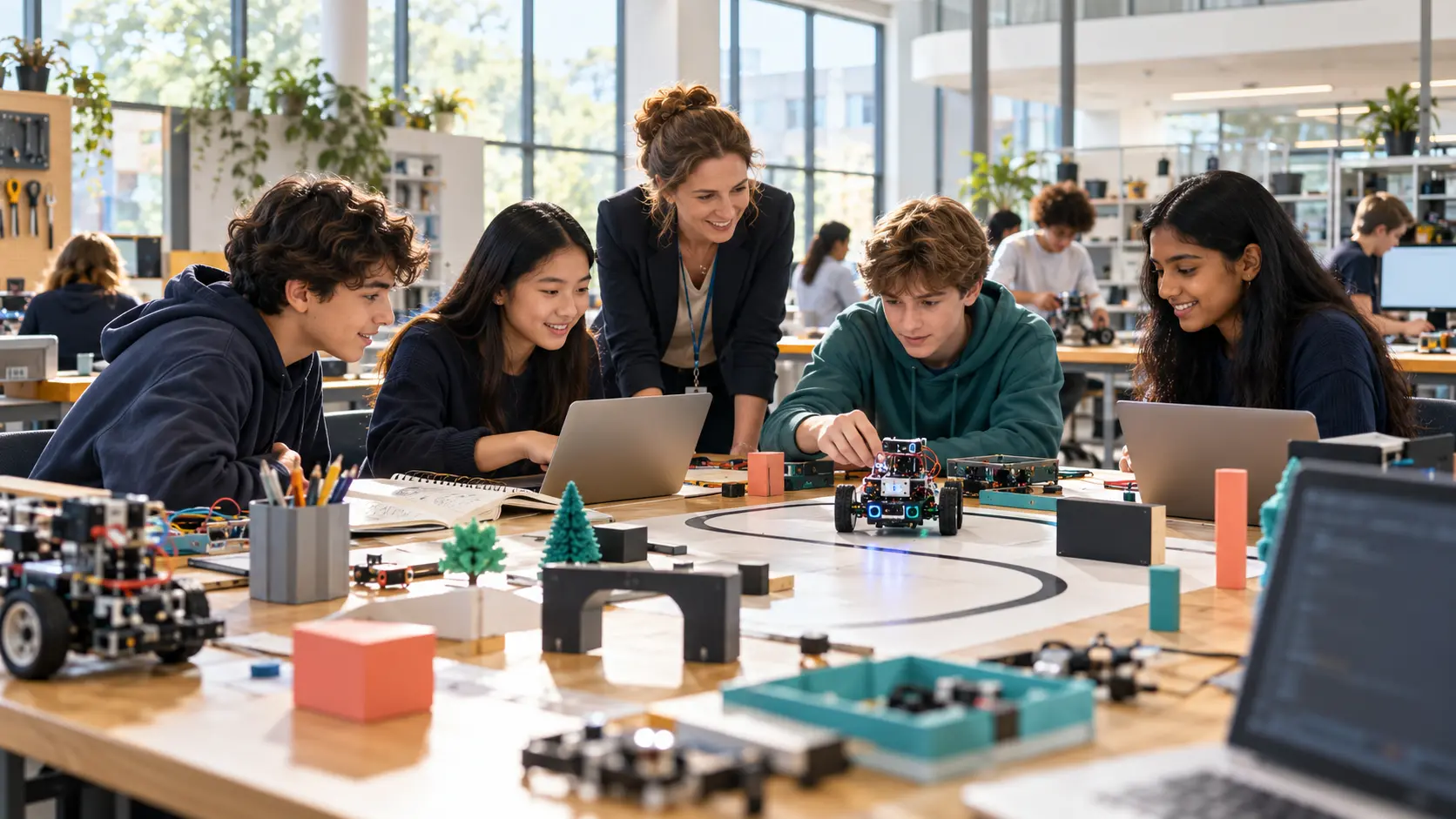 Students learning AI and robotics in a school innovation studio