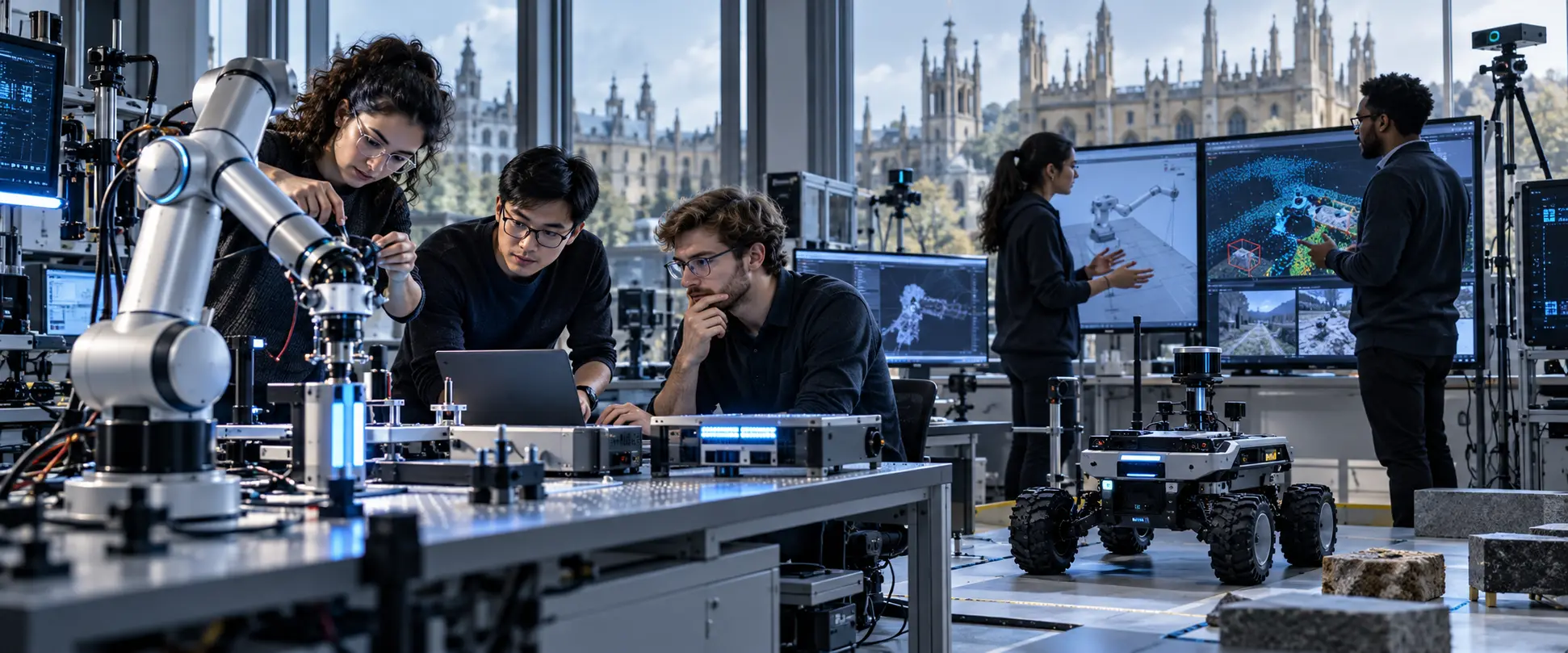 Researchers working with autonomous robots in an advanced laboratory