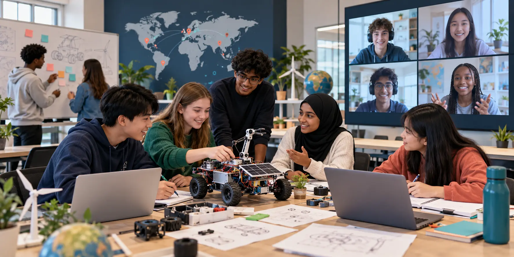 International students collaborating on a robotics project