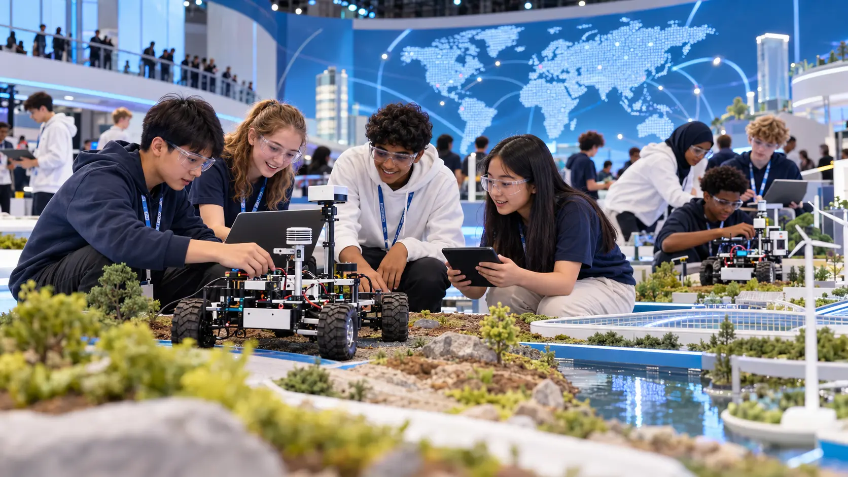 International students testing climate-resilience robots on a sustainable city challenge field
