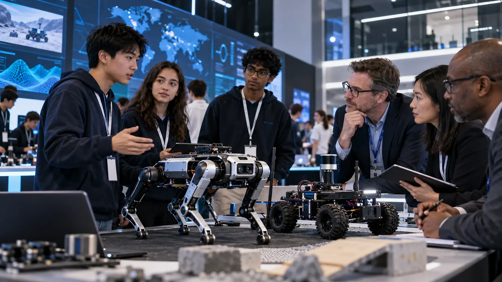 International student team presenting a robot dog and rover to engineering judges