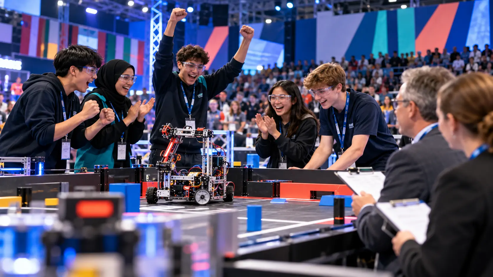 International student teams presenting artificial intelligence and robotics projects at a global challenge
