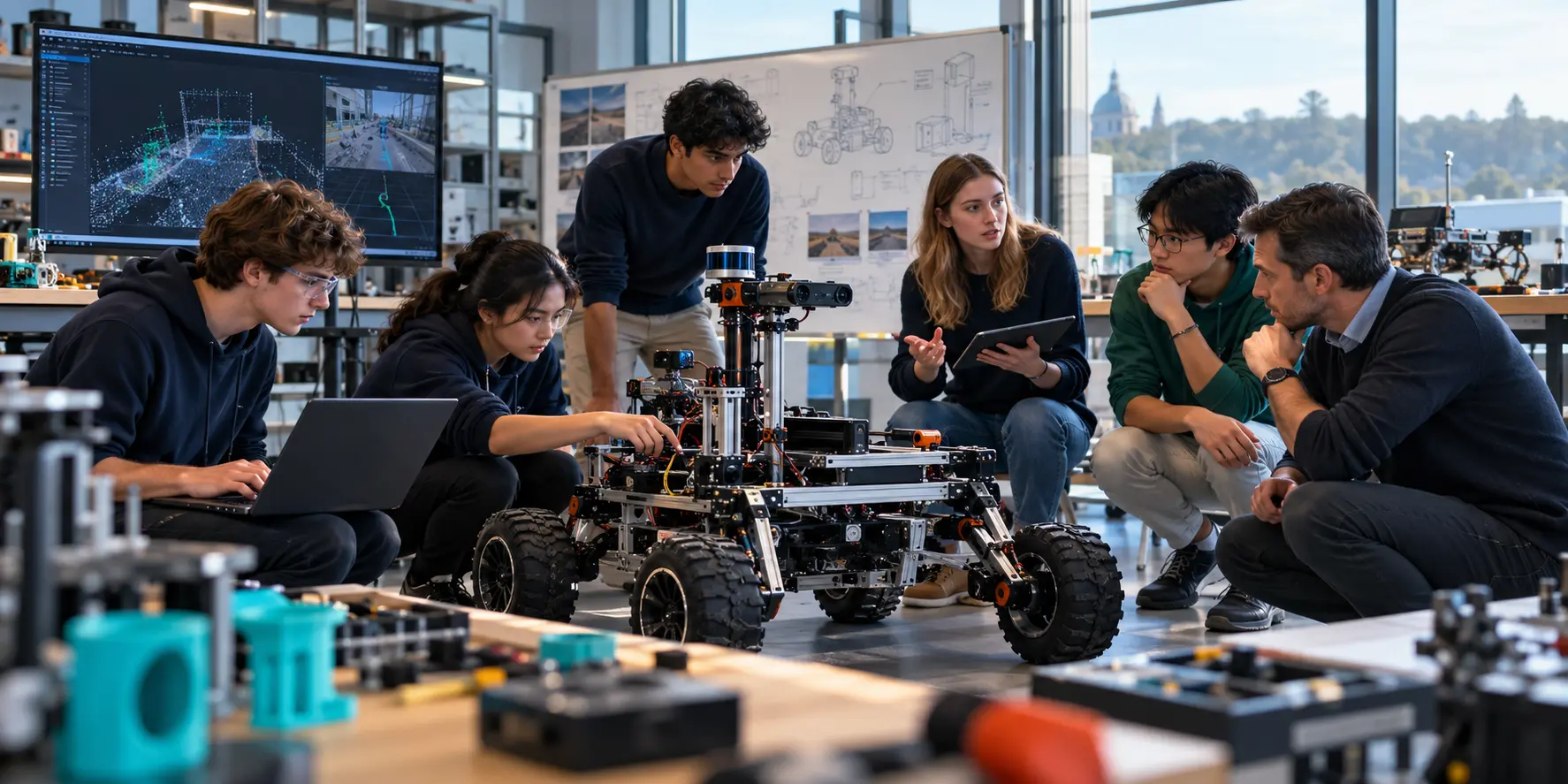 High-school students reviewing an autonomous robotics system and technical data