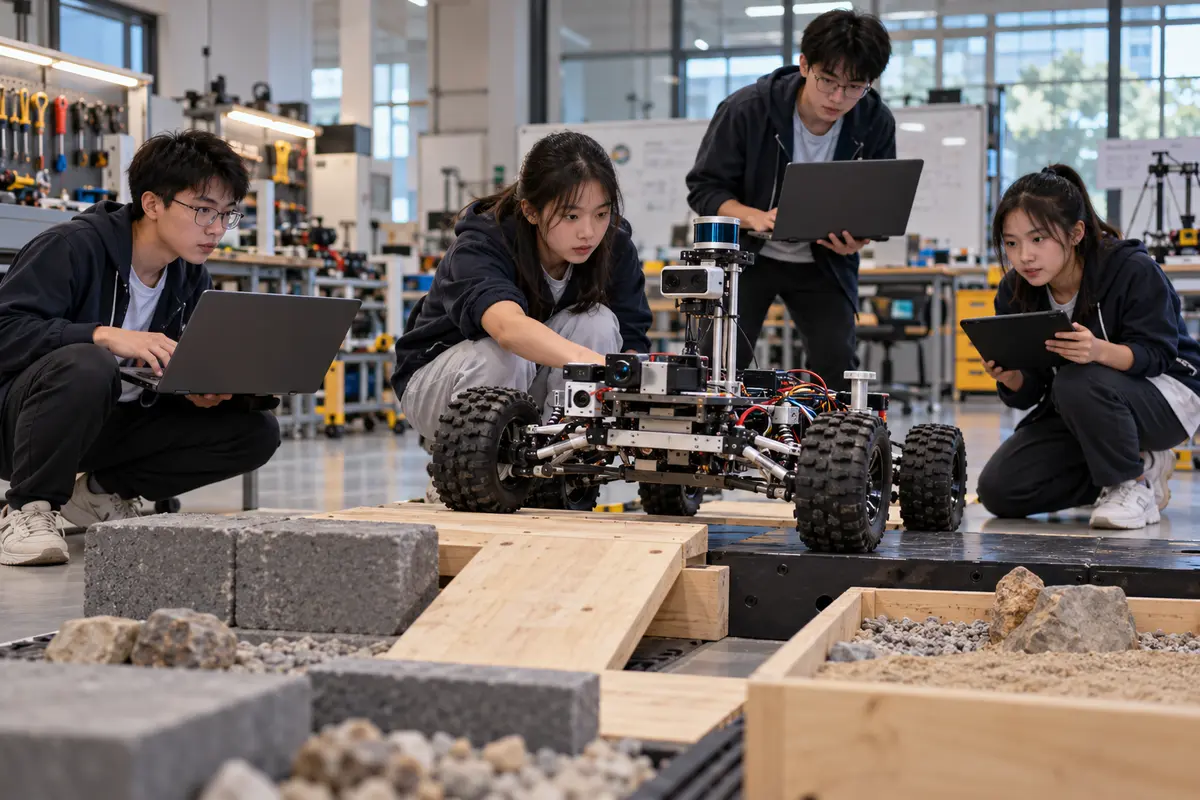 Illustrative photograph of Chinese high-school students testing an autonomous rover