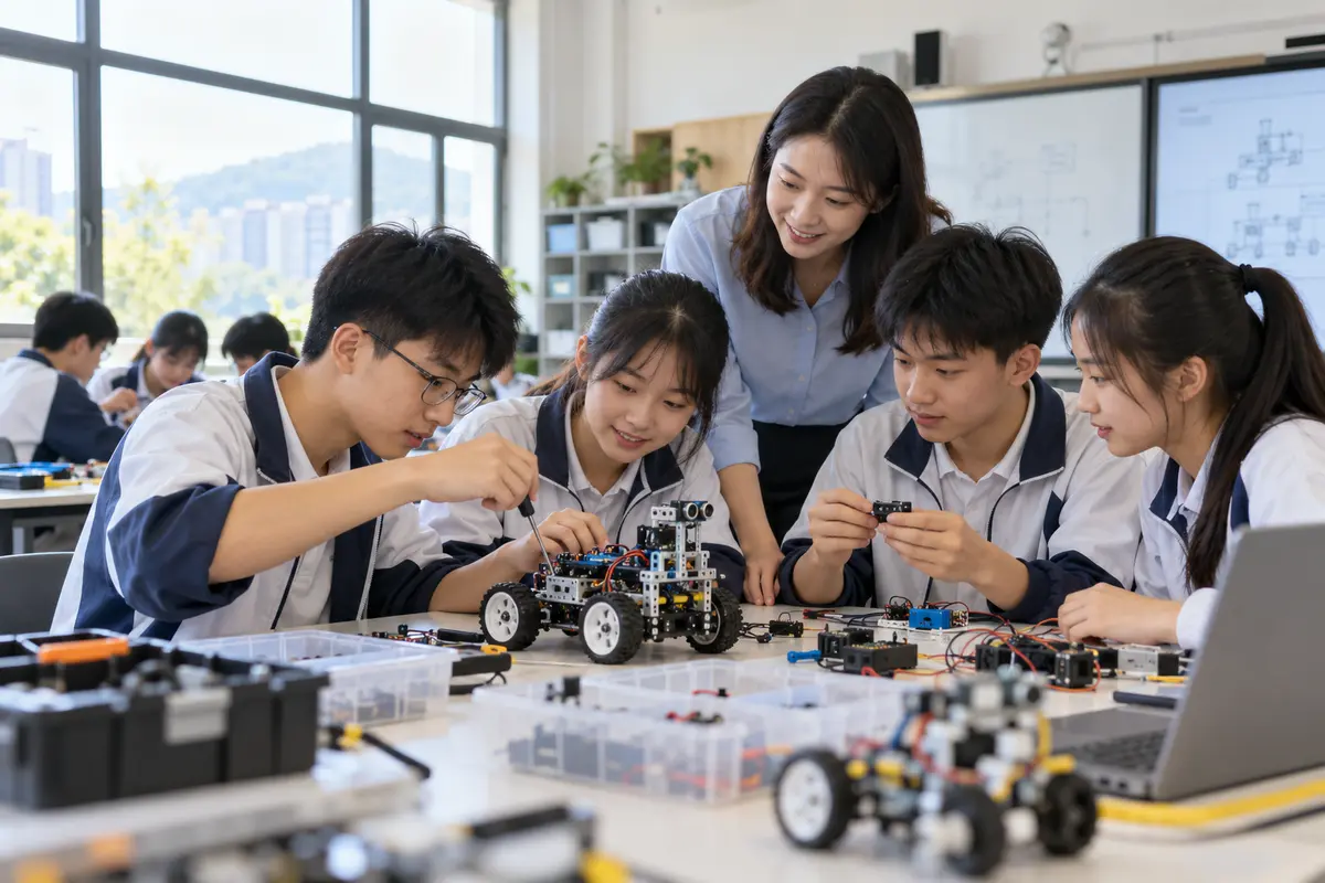 Illustrative photograph of Chinese secondary students building educational robots in teams
