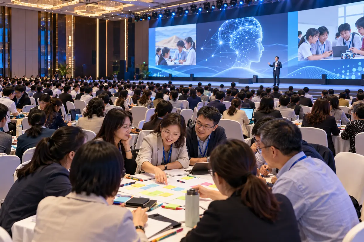 Illustrative editorial photograph of a large AI and classroom learning conference in China