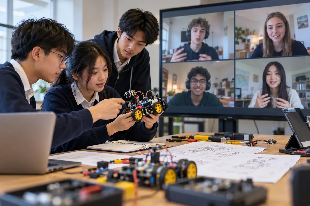Illustrative photograph of Chinese and international students collaborating on a robotics project