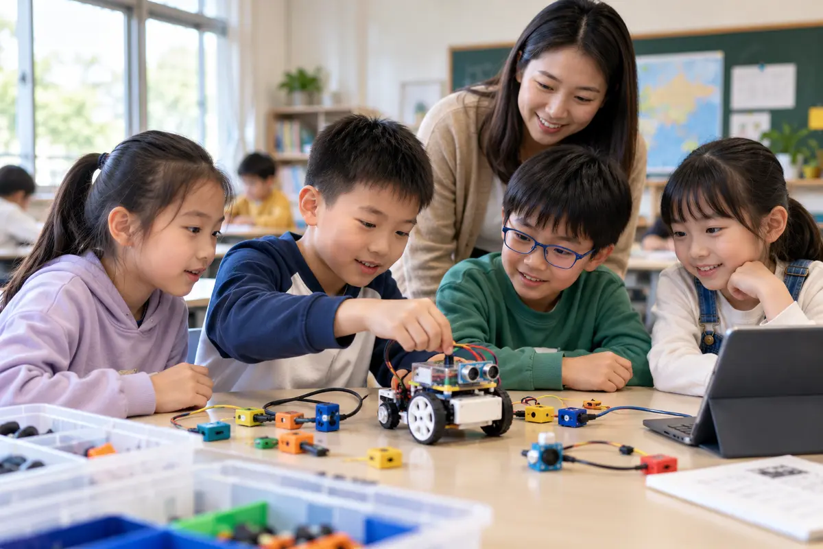 Illustrative photograph of Chinese primary pupils learning with sensors and a small classroom robot