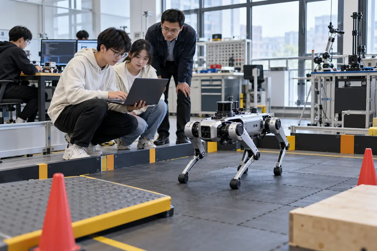 Illustrative photograph of Chinese students programming a quadruped robot under supervision