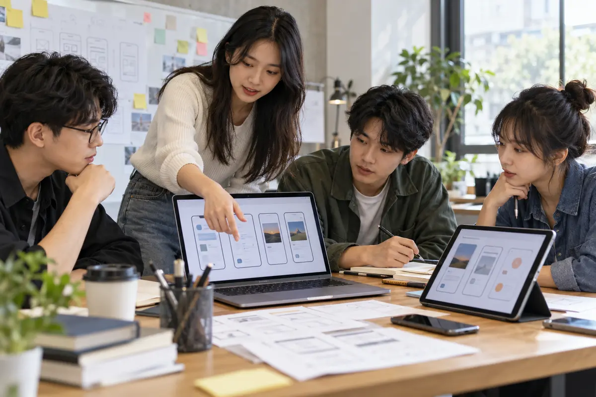 Illustrative photograph of Chinese students reviewing a team-developed application prototype