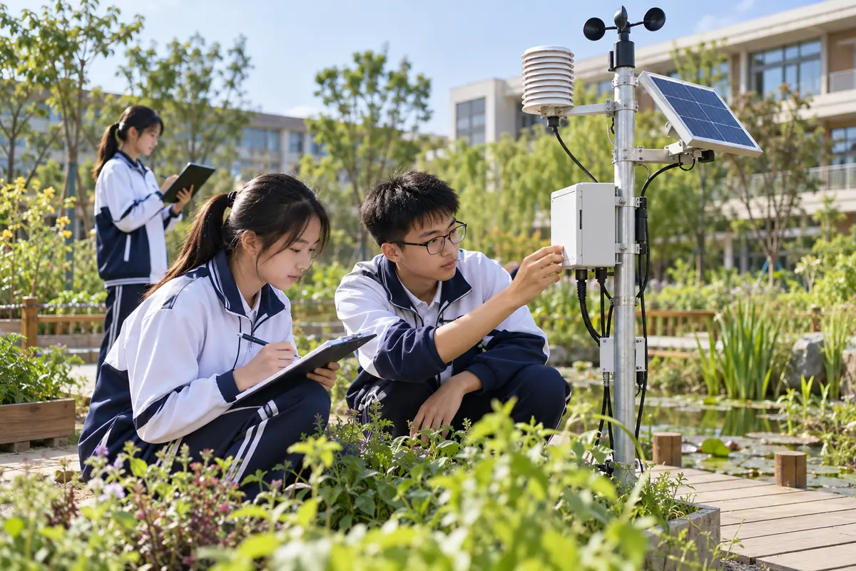 Illustrative photograph of Chinese students collecting environmental sensor data on a school campus