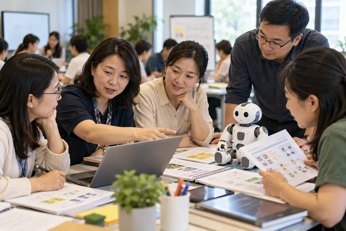 Illustrative photograph of Chinese teachers planning responsible AI and robotics lessons