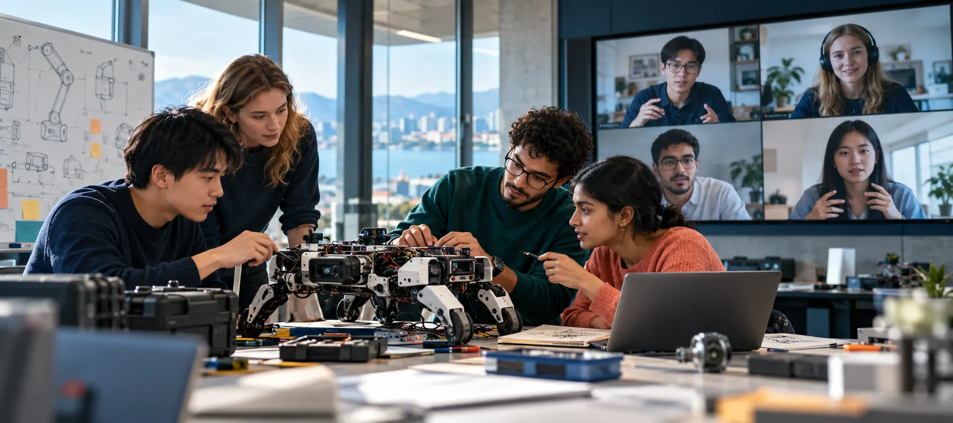 International student team collaborating online on an artificial intelligence and robotics project