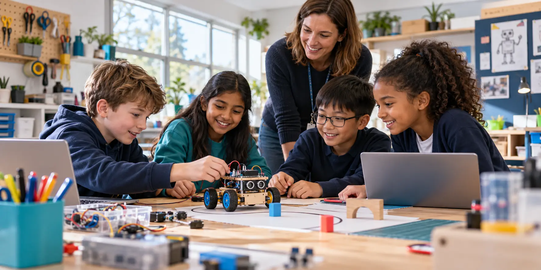 Primary pupils collaborating on an age-appropriate robotics and artificial intelligence project