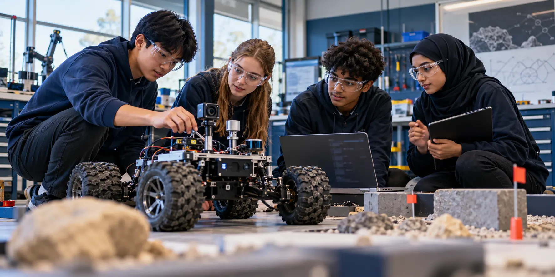 Secondary students testing an artificial intelligence and robotics project in a school laboratory