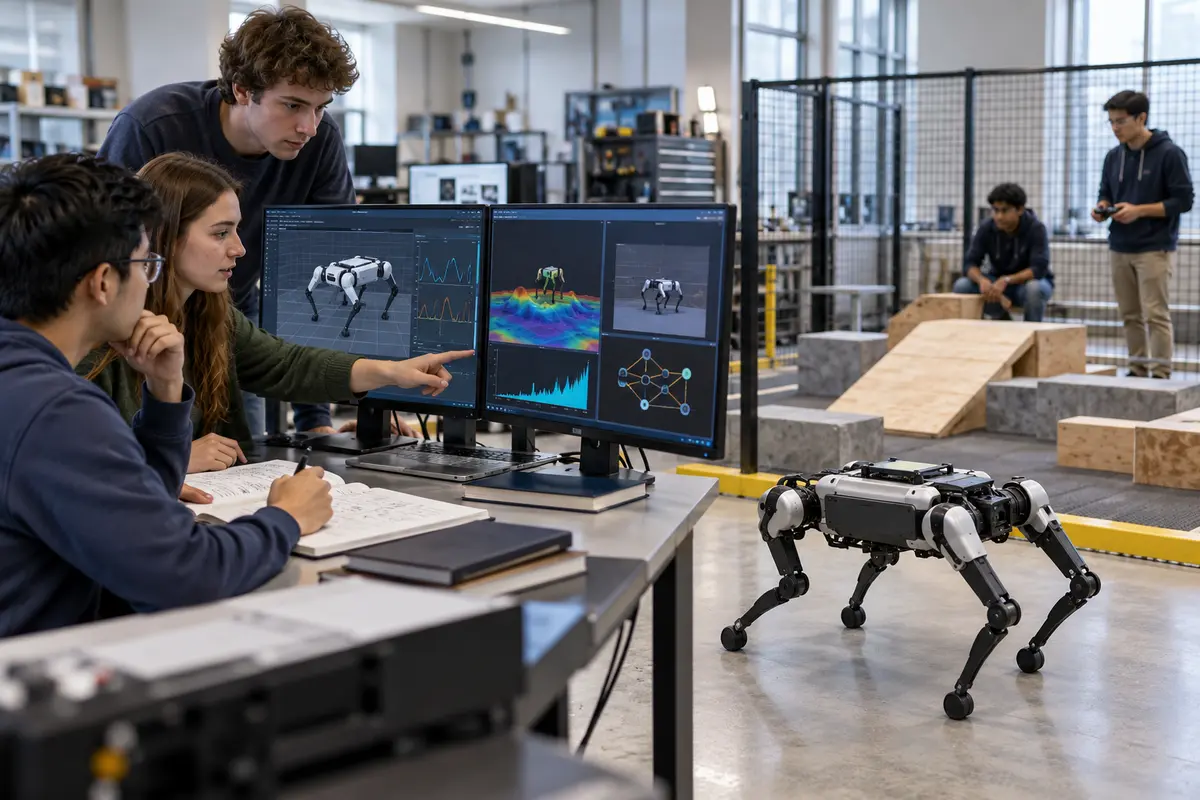 Students studying quadruped robot dynamics, simulation and reinforcement learning